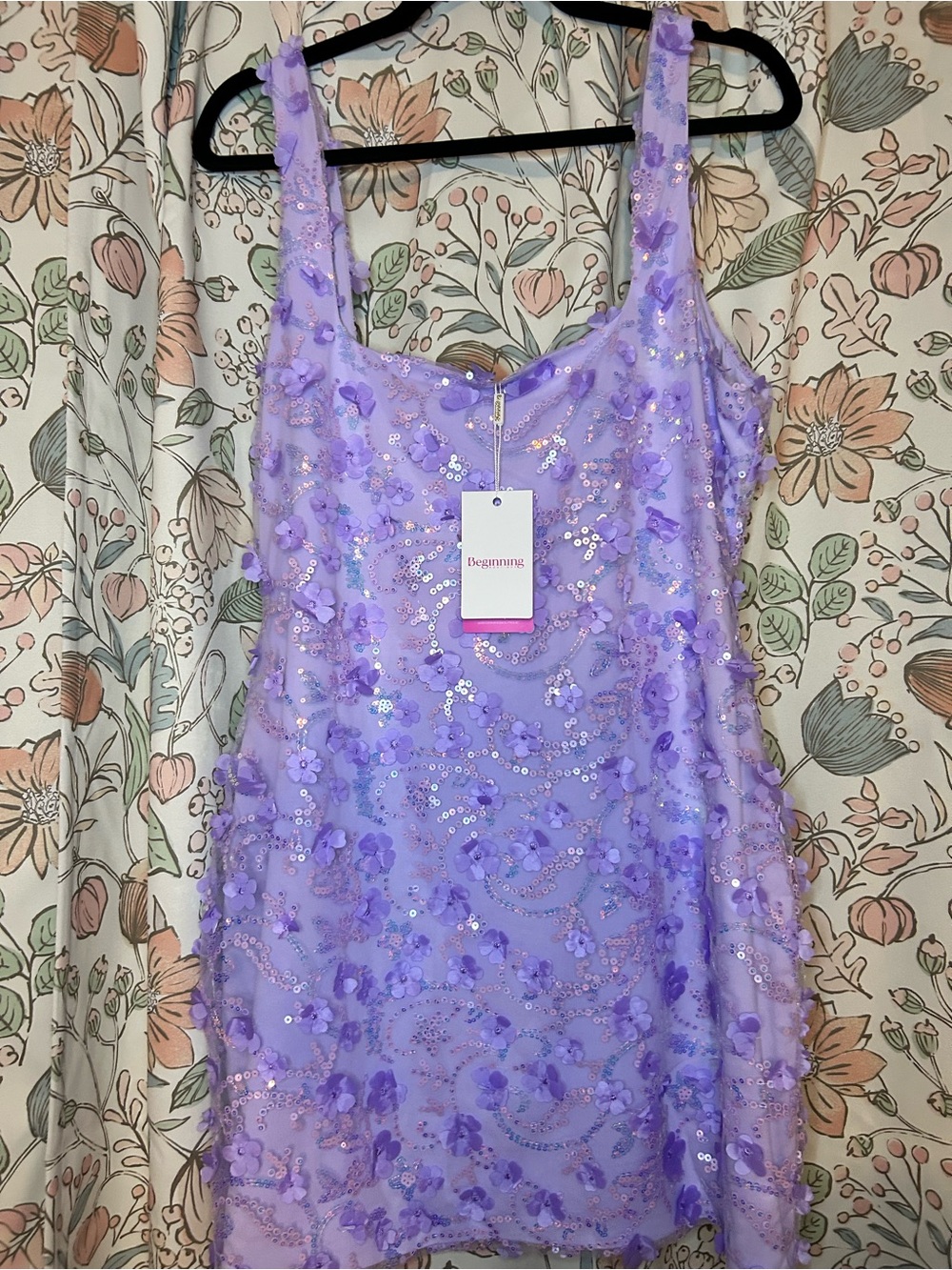 Beginning Boutique Lavender Purple Sequin Floral Prom Dress